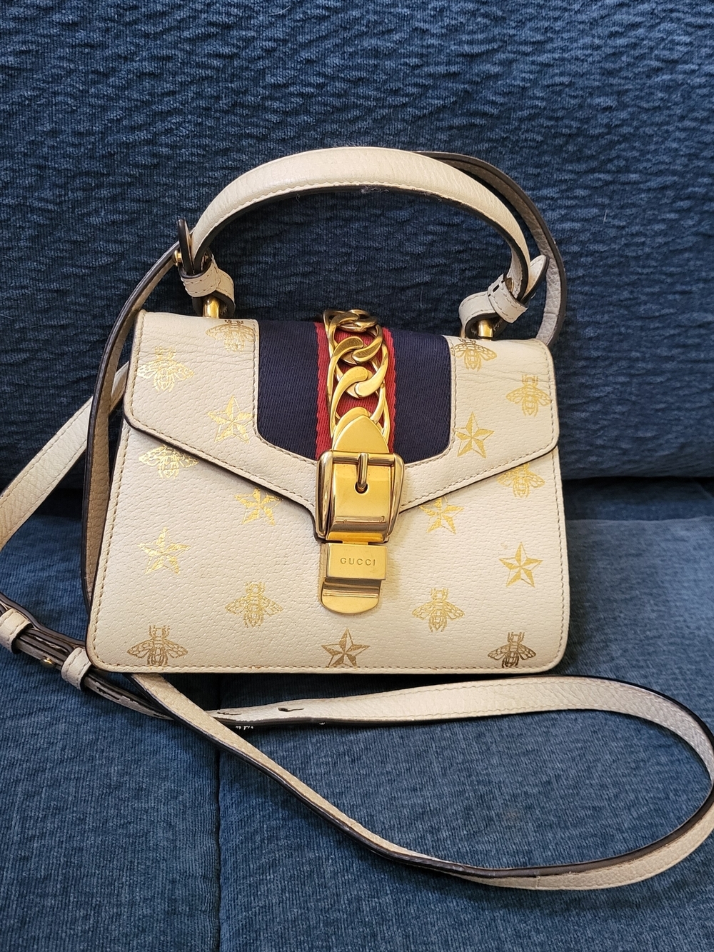 GUCCI Textured Calfskin Bee Star Mini Sylvie Bag Mystic White. Auth w/COA...